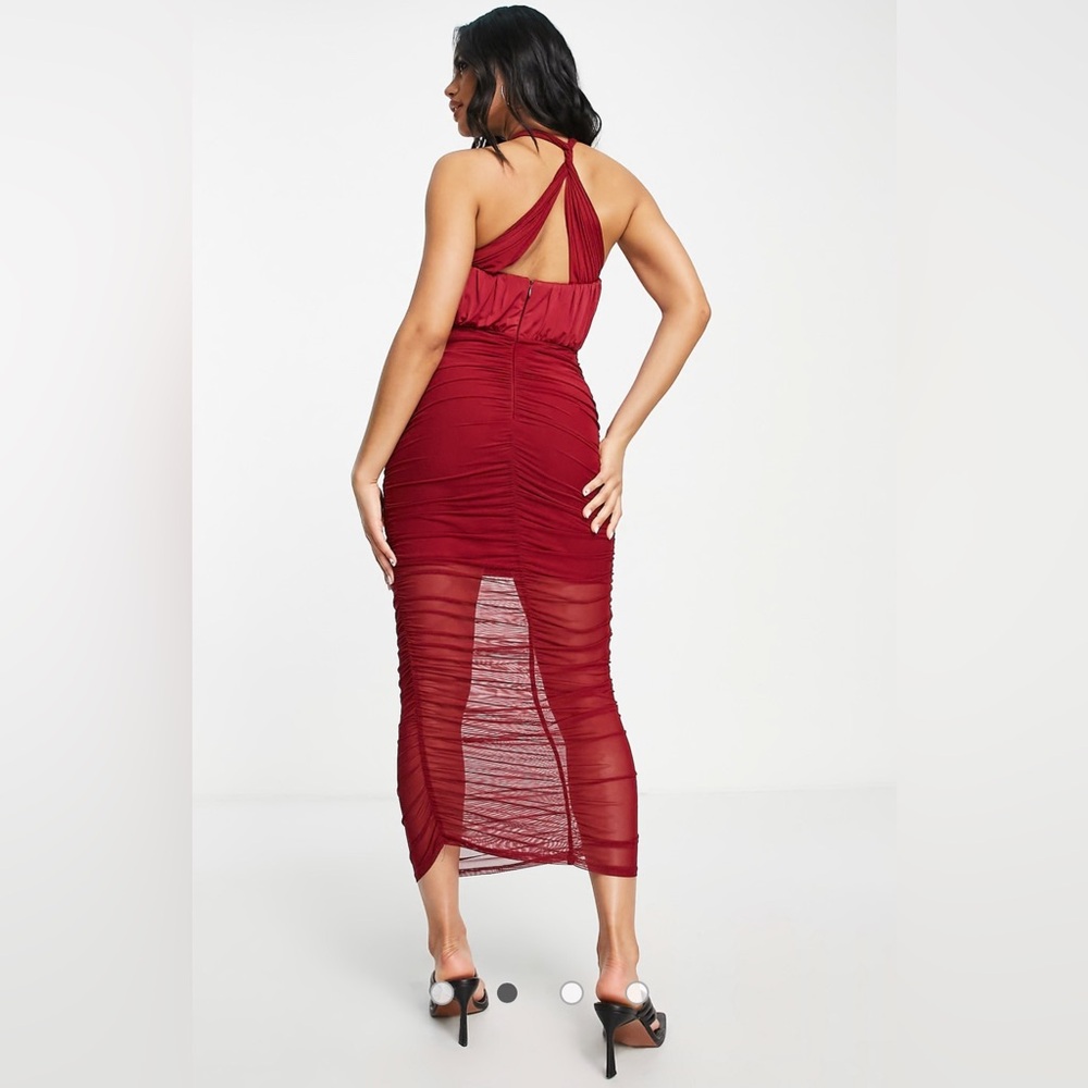NWT ASOS DESIGN midi dress in ruched mesh with halter neck in red - Picture 2 of 4